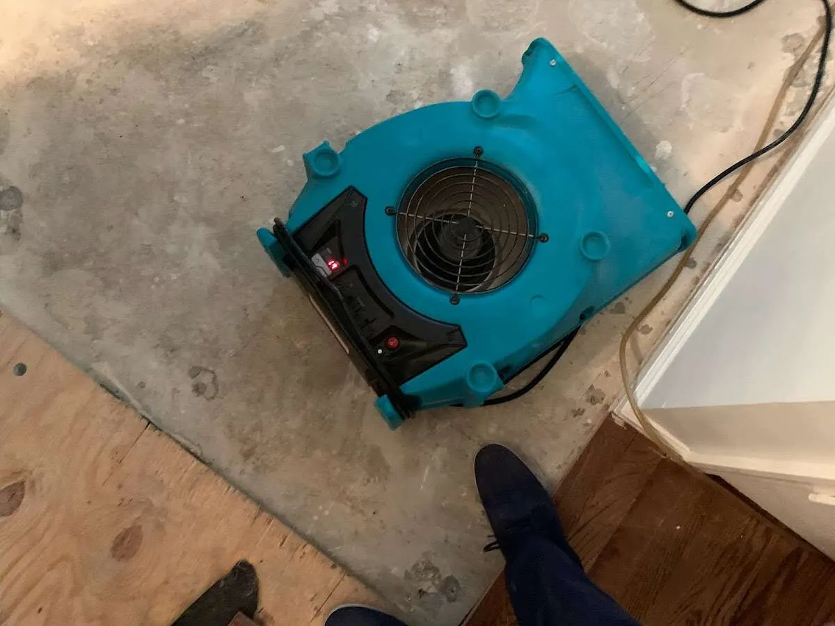 Air mover drying subfloor during Leak Detection & Repair in Socorro